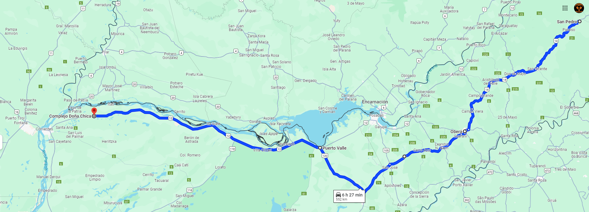 San Pedro para San Cosme_ via Ruta 14_Playadito_Ruta 120_Puerto Valle e Ruta_12.png