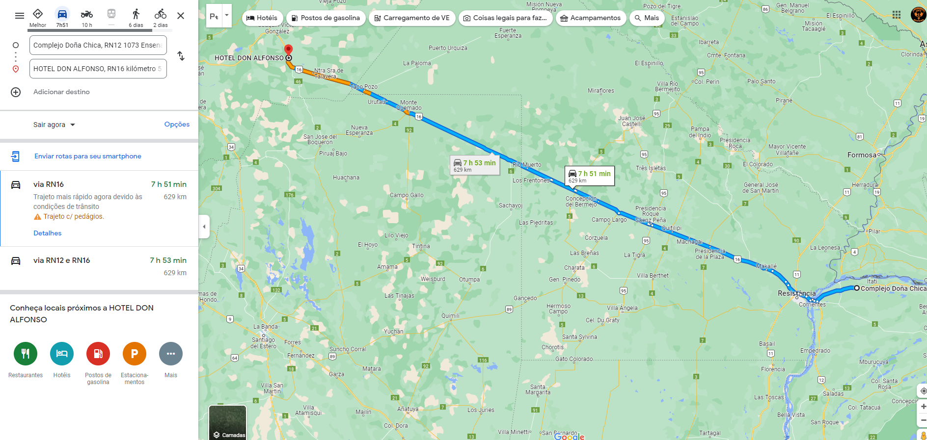 Mapa - Roteiro - San Cosme para El Quabrachal_ via Ruta 12 e 16_630 Km.png