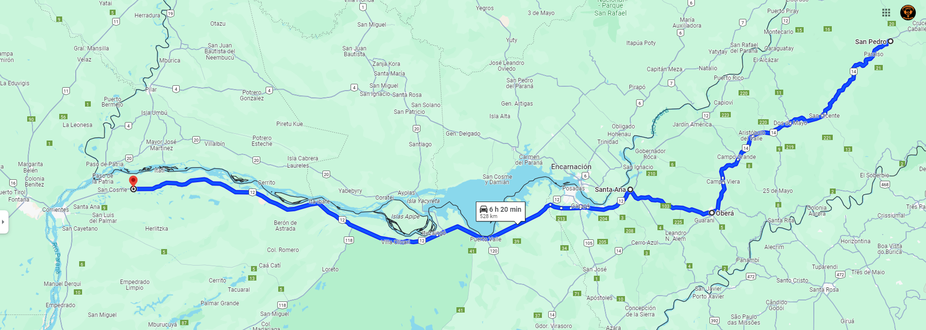 San Pedro para San Cosme_ via Ruta 14_Oberá_Ruta 103 e Sata Ana_Ruta 12.png